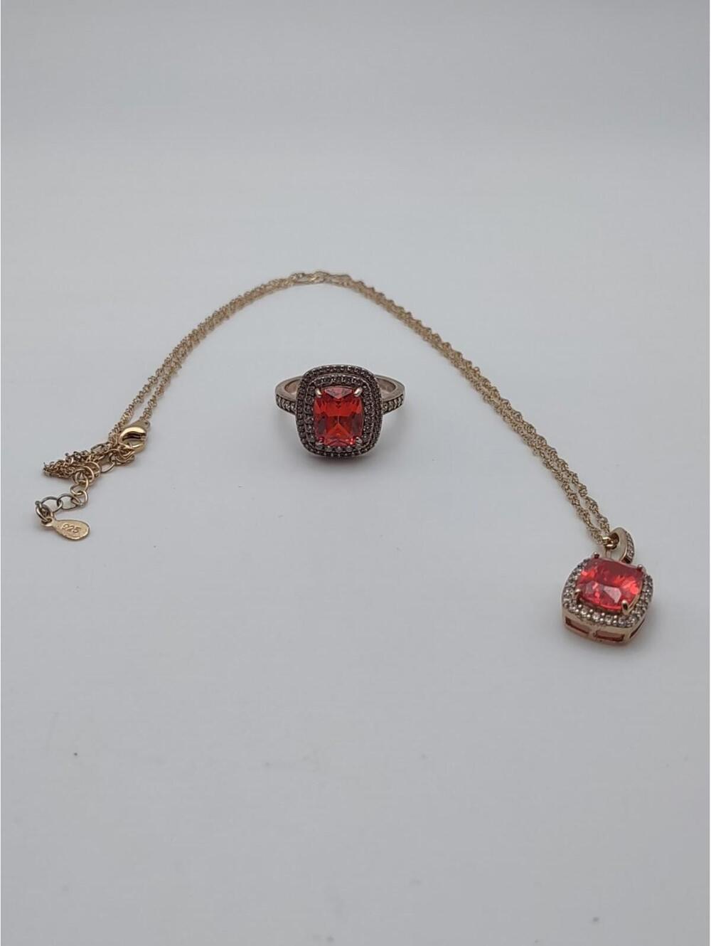 BBJ 925 Padparadscha CZ Ring Necklace Set Rose Gold Sz 9.5
